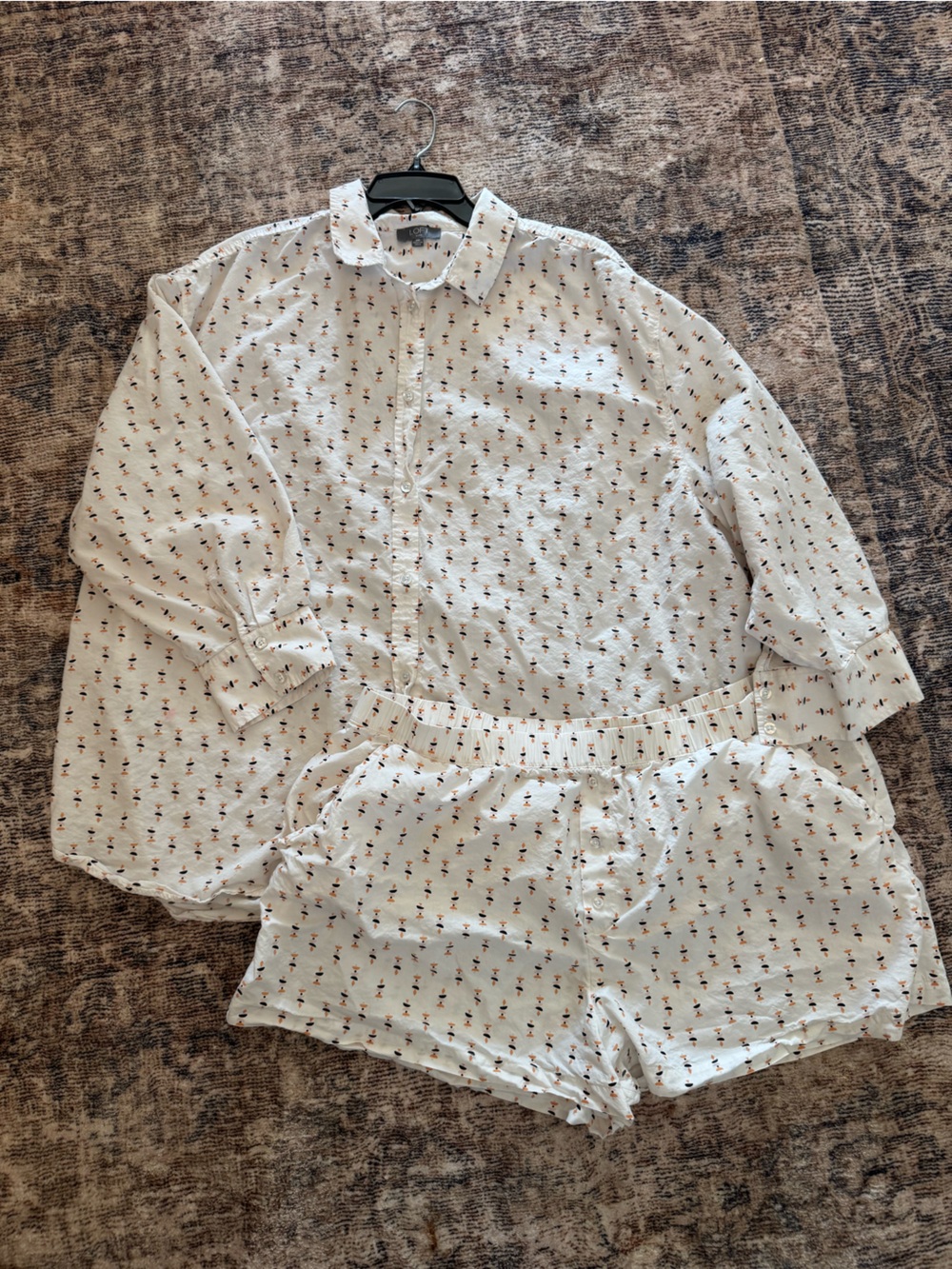 LOFT White Button-Up PJs with Black and Orange Pattern